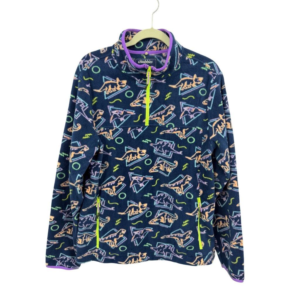 Chubbies Dinosaur retro Fleece Pullover Mens Large Blue‎ Neon 90s Retro